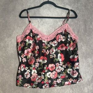 Secret Treasures Black and Pink Floral Satin Camisole With Pink Lace Trim Size L